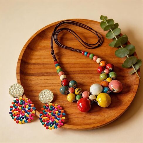 2 Pcs Hippie Boho Colorful Ceramic Beaded Necklace and Earrings Set for Women Aesthetic Hippie Jewelry Beaded Jewelry with Adjustable Chunky Round Beads Strand for Summer Beach Party Present in Saudi Arabia