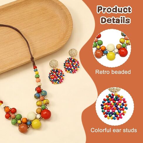 2 Pcs Hippie Boho Colorful Ceramic Beaded Necklace and Earrings Set for Women Aesthetic Hippie Jewelry Beaded Jewelry with Adjustable Chunky Round Beads Strand for Summer Beach Party Present in Saudi Arabia