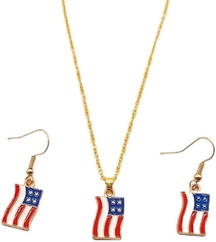 PLOUTOS 4th of July Patriotic American Flag Jewelry Set Womens Enamel Star Heart Earrings Necklace Independence Day Fashion Accessories in Saudi Arabia