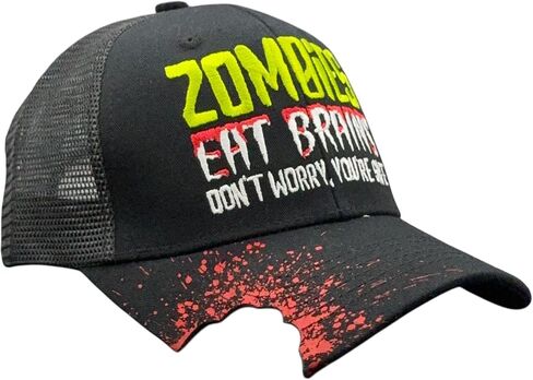 قبعة زومبي مضحكة للرجال - قبعة جرافيك Zombies Eat Brains مع حافة لدغة متعثرة وطباعة متناثرة - قبعة سائق شاحنة مبتكرة من الخلف شبكي ناعم لنمط الهالوين غير الرسمي in Kuwait