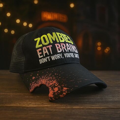 قبعة زومبي مضحكة للرجال - قبعة جرافيك Zombies Eat Brains مع حافة لدغة متعثرة وطباعة متناثرة - قبعة سائق شاحنة مبتكرة من الخلف شبكي ناعم لنمط الهالوين غير الرسمي in Kuwait