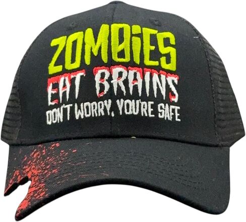 قبعة زومبي مضحكة للرجال - قبعة جرافيك Zombies Eat Brains مع حافة لدغة متعثرة وطباعة متناثرة - قبعة سائق شاحنة مبتكرة من الخلف شبكي ناعم لنمط الهالوين غير الرسمي in Kuwait