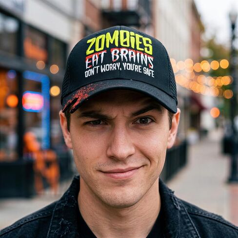 قبعة زومبي مضحكة للرجال - قبعة جرافيك Zombies Eat Brains مع حافة لدغة متعثرة وطباعة متناثرة - قبعة سائق شاحنة مبتكرة من الخلف شبكي ناعم لنمط الهالوين غير الرسمي in Kuwait