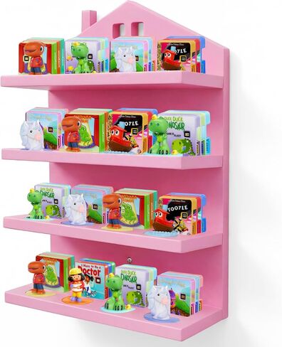 Floating Shelf for Little Tikes Story Dream Machine Books,Storage Shelf for Little Tikes Books,Audio Play Character Organizer for Toddlers and Kids Girls Boys,Pine,Wood House,4 Tier,Natural Wood in Saudi Arabia