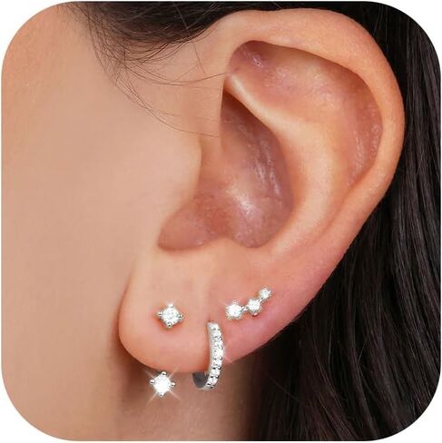 3 Pairs Hoop Earrings for Women 925 Sterling Silver Trendy 14K Gold Plated Huggie Earring Silver Hypoallergenic Stud Cartilage Earring Sets for Multiple Piercing Cute Small Jewelry in Saudi Arabia