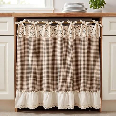 Vintage Oven Curtain Skirt for Farmhouse Kitchen Decor Brown and Beige Checkered Cotton Stove Cover Skirt with Ruffled Lace Trim Rustic Tie Top Oven Door Curtain for Cottage Kitchen in Saudi Arabia