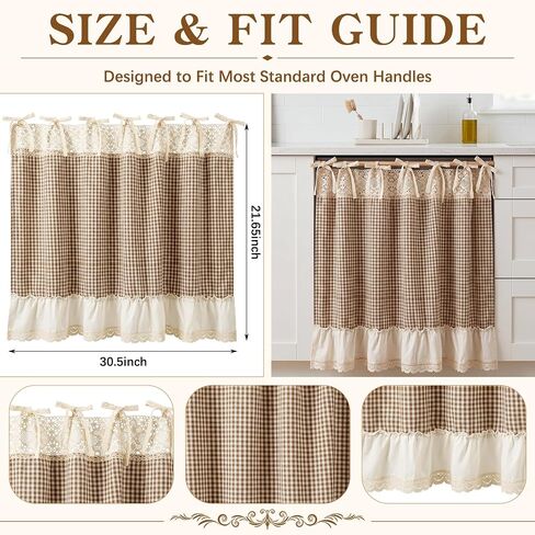 Vintage Oven Curtain Skirt for Farmhouse Kitchen Decor Brown and Beige Checkered Cotton Stove Cover Skirt with Ruffled Lace Trim Rustic Tie Top Oven Door Curtain for Cottage Kitchen in Saudi Arabia
