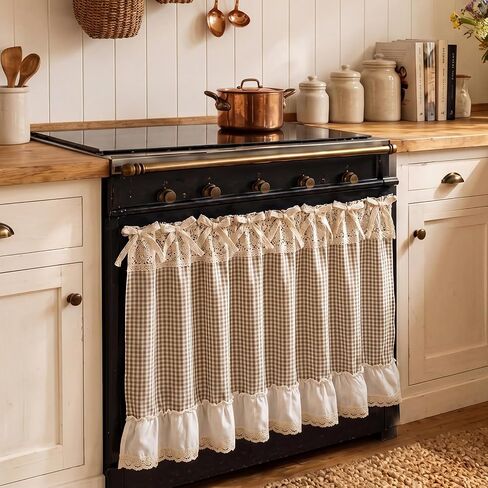Vintage Oven Curtain Skirt for Farmhouse Kitchen Decor Brown and Beige Checkered Cotton Stove Cover Skirt with Ruffled Lace Trim Rustic Tie Top Oven Door Curtain for Cottage Kitchen in Saudi Arabia
