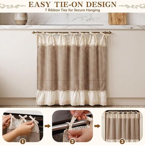 Vintage Oven Curtain Skirt for Farmhouse Kitchen Decor Brown and Beige Checkered Cotton Stove Cover Skirt with Ruffled Lace Trim Rustic Tie Top Oven Door Curtain for Cottage Kitchen in Saudi Arabia