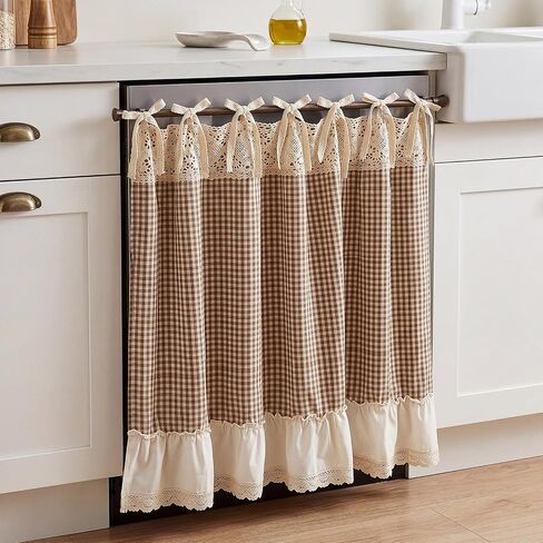 Vintage Oven Curtain Skirt for Farmhouse Kitchen Decor Brown and Beige Checkered Cotton Stove Cover Skirt with Ruffled Lace Trim Rustic Tie Top Oven Door Curtain for Cottage Kitchen in Saudi Arabia