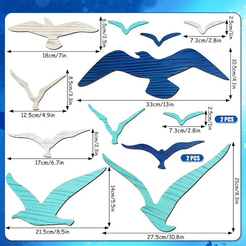 Fangoo 14 Pcs Wooden Seagull Wall Decor Multisized Beach Themed Wall Art Set Nautical Adhesive Aquatic Sea Birds Sculpture for Bedroom Living Room Bathroom Lake House Ocean Party Decor Art Craft in Saudi Arabia