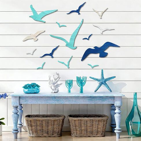 Fangoo 14 Pcs Wooden Seagull Wall Decor Multisized Beach Themed Wall Art Set Nautical Adhesive Aquatic Sea Birds Sculpture for Bedroom Living Room Bathroom Lake House Ocean Party Decor Art Craft in Saudi Arabia