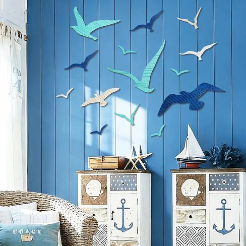 Fangoo 14 Pcs Wooden Seagull Wall Decor Multisized Beach Themed Wall Art Set Nautical Adhesive Aquatic Sea Birds Sculpture for Bedroom Living Room Bathroom Lake House Ocean Party Decor Art Craft in Saudi Arabia