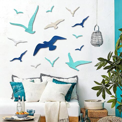 Fangoo 14 Pcs Wooden Seagull Wall Decor Multisized Beach Themed Wall Art Set Nautical Adhesive Aquatic Sea Birds Sculpture for Bedroom Living Room Bathroom Lake House Ocean Party Decor Art Craft in Saudi Arabia