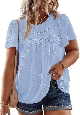 Plus Size Summer Shirts for Women Casual Short Sleeve Swiss Dot Blouse Flowy Loose Fit Tops in Saudi Arabia