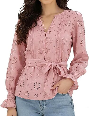 Women's Eyelet Embroidered Blouse 2026 Spring Boho V Neck Belted Shirt Casual Puff Sleeve Lace Shirts in Saudi Arabia