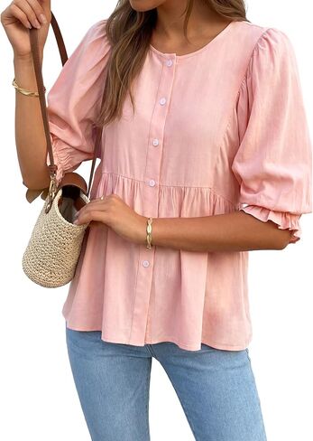 LYANER Women's Button Down Round Neck Puff Short Sleeve Ruched Ruffle Casual Peplum Tops in Kuwait