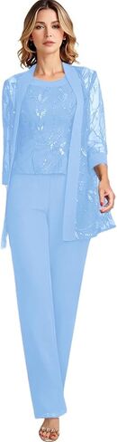 3 Pieces Chiffon Mother of The Bride Pant Suits Lace Sequin Wedding Formal Pantsuits with Jacket HX026 Light Blue in Saudi Arabia