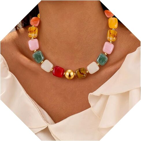 VIBILIA Boho Beaded Chunky Necklace for Women, Colorful Large Square Bead Choker, Trendy Y2K Summer Statement Jewelry Birthday Holiday Gifts in Saudi Arabia