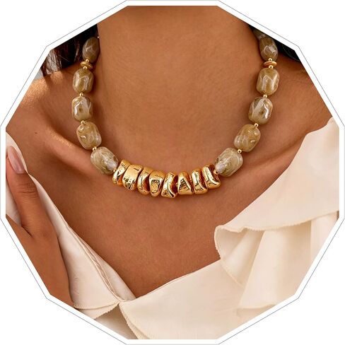 VIBILIA Boho Beaded Chunky Necklace for Women, Colorful Large Square Bead Choker, Trendy Y2K Summer Statement Jewelry Birthday Holiday Gifts in Saudi Arabia