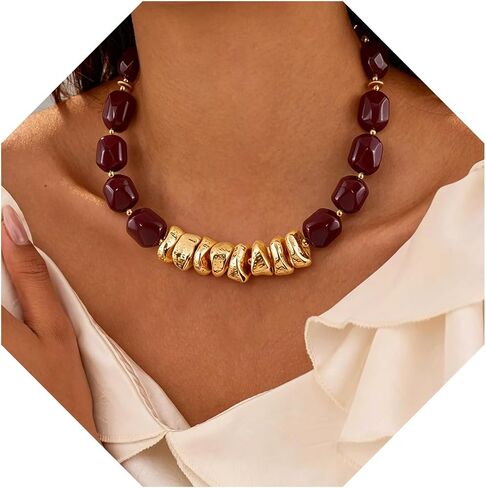 VIBILIA Boho Beaded Chunky Necklace for Women, Colorful Large Square Bead Choker, Trendy Y2K Summer Statement Jewelry Birthday Holiday Gifts in Saudi Arabia
