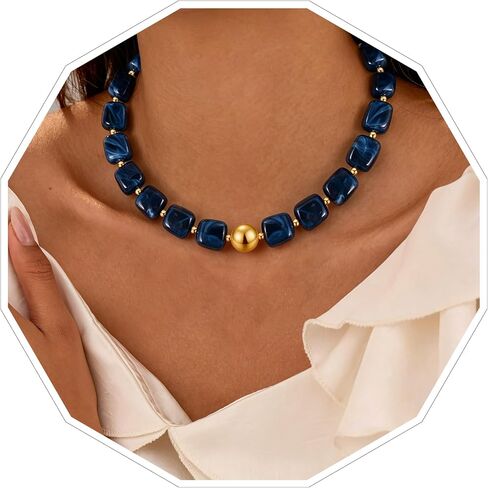 VIBILIA Boho Beaded Chunky Necklace for Women, Colorful Large Square Bead Choker, Trendy Y2K Summer Statement Jewelry Birthday Holiday Gifts in Saudi Arabia