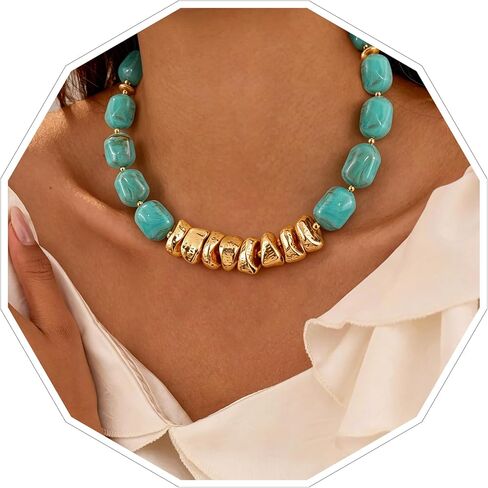 VIBILIA Boho Beaded Chunky Necklace for Women, Colorful Large Square Bead Choker, Trendy Y2K Summer Statement Jewelry Birthday Holiday Gifts in Saudi Arabia