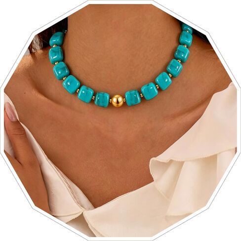 VIBILIA Boho Beaded Chunky Necklace for Women, Colorful Large Square Bead Choker, Trendy Y2K Summer Statement Jewelry Birthday Holiday Gifts in Saudi Arabia