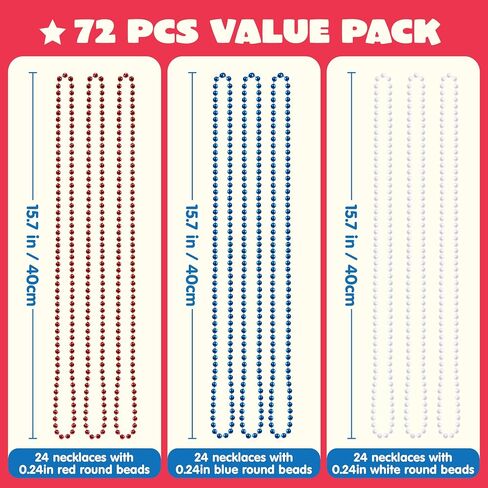 JOYIN 72 Pcs July 4th Plastic Necklaces Toy, Red White Blue Patriotic Beads Necklace, July 4th Parade Throws Bulk, Metallic Necklace for Adult, Dress Up Accessories, Independence Day Party Favor Supply in Kuwait