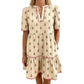 TinyCribz Women's Apricot Striped Floral Dress – Casual Short Sleeve Shift Dress with Ruffle Hem and Rick Rack Details in Saudi Arabia
