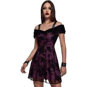 DRESSFO Gothic Victorian Punk Cold Shoulder Rose Flower Leaf Flocking Ruched Buckle Grommet Vintage Dress in Saudi Arabia
