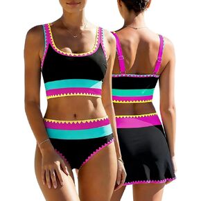 Bikini Sets for Women,Including Cover-Up Skirt,Tummy-Control Color-Blocked Design,Neon Swimsuit for Women,2026 Summer Swimwear in Saudi Arabia