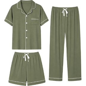 Men's 3 Piece Pajama Set Viscose Derived from Bamboo Short Sleeve Top with Shorts & Pants Pjs Sleepwear Loungwear in Kuwait