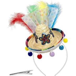 Mini Straw Sombrero Headband with Feathers & Pom Poms, Cinco De Mayo Fiesta Hair Accessory for Mexican Halloween Theme Party, Costume, Photo Prop, Gift Red in Saudi Arabia