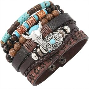 Western Bracelet for Women,Turquoise Beaded Stretch Bracelets,Bohemian Cowgirl Western Jewelry Set,Vintage Stackable Bull Head Cowboy Boots Feather Bracelets,Country Ethnic Accessories in Saudi Arabia