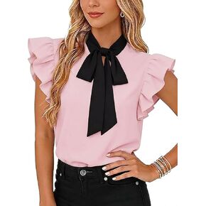 SOFIA'S CHOICE Women Tie Neck Bow Blouse Ruffle Cap Sleeve Work Office Tops Casual Elegant Shirt in Saudi Arabia