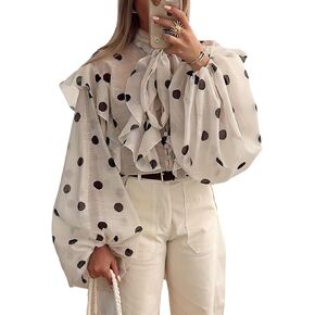 Polka Dot Sheer Blouse for Women Ruffled Tie Neck Balloon Sleeves Vintage Chic Going Out Weekends Womens Tops in Saudi Arabia