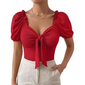 Women's Rib Knit V Neck Bow Knot Front Short Sleeve Blouse Shirt Top in Saudi Arabia