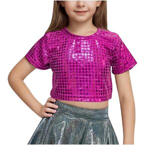 Girls Sparkle Cropped Tops Shiny Short Sleeve Crewneck Party Shirts Glitter Birthday Dance Holiday Cute Blouses in Kuwait
