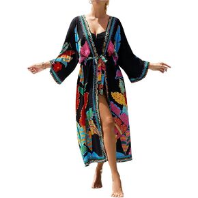 WDIRARA Women's Tropical Print Long Kimono Belted Long Sleeve Coverups Beach Cover Ups in Kuwait