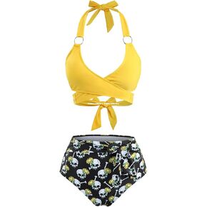 DRESSFO إمرأة ريترو مجموعة البكيني قطعتين القوطية الجمجمة عباد الشمس مطبوعة Bowknot الرسن خمر Tankini ثوب السباحة in Saudi Arabia