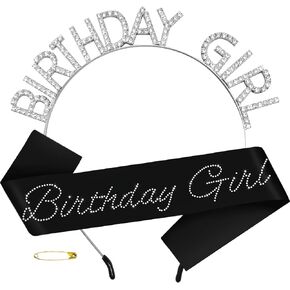Black Birthday Girl Sash with Glitter Rhinestones and Silver Crown/Tiara for Girls or Women Official Teenager Sweet 16, 18th 21st 30th 40th 50th or Any Other Birthday Party Decorations in Saudi Arabia