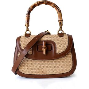 Small Women Tote Bag, Bamboo Handle, Leather & Straw Woven Top Handle Crossbody Bags in Saudi Arabia