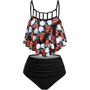 DRESSFO ريترو بيكيني مجموعات للنساء قطعتين خمر القوطية الجمجمة طباعة عالية الخصر Tankini المايوه ثوب السباحة in Saudi Arabia