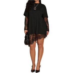 WDIRARA Women's Plus Size Lace T Shirts Patchwork Sheer Mesh Long Sleeve Asymmetrical 2 in 1 Tops in Saudi Arabia