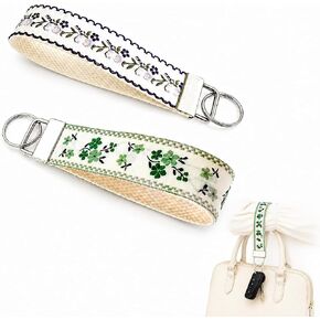 2Pcs Boho Embroidered Wristlet Keychain for Women, Cute Double Sided Floral Wrist Key Chain Fabric Lanyard, Green and Purple Keychains Strap Vintage in Saudi Arabia