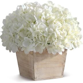 YXZZWL 10" Artificial Hydrangea Arrangement in Planter for Table Centerpiece, Lifelike Fake Hydrangea Potted Plant, Silk Faux Flowers in Wood Planter for Farmhouse Home Office Shower Decor (White) in Saudi Arabia