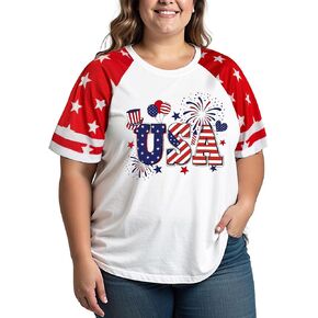 4th of July Shirts Women Plus Size:USA Color-Blocking Short-Sleeve American Flag Crew Neck Graphic T-Shirt in Saudi Arabia