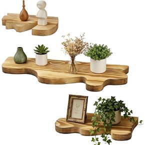 Wooden Floating Shelves, Rustic Wave Edge Wall Display Shelf Set of 3, Carbonized Pine Finish, Space-Saving Wall Mounted Storage Rack for Bathroom, Bedroom, Living Room, 3 Assorted Sizes in Saudi Arabia