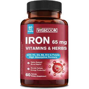 Iron Supplement 65mg, with Vitamin C, D3, B6, B12 & Folate, Spinach, Broccoli, Beet Root, Pumpkin Seeds, Dandelion & Carrots, Blood Building & Energy Support, 60 Tablets in Saudi Arabia